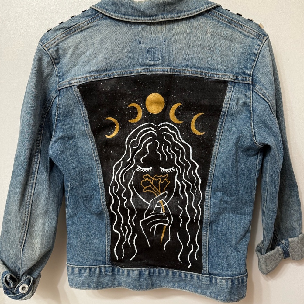 Custom Painted GAP Denim Jacket Moon Phases Studded Boho Grunge